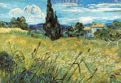 <b>Wheat Field (trigais)</b>  - 1889 (210 Kb); Oil on canvas, 73.5 x 92.5 cm (29 x 36 1/2 in); Narodni Galerie, Prague
